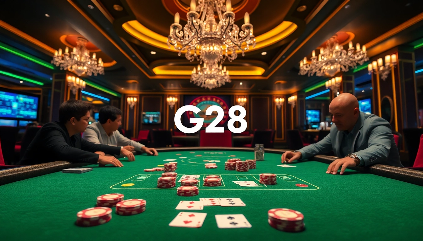 A thrilling poker game at G28 showcasing vibrant chips, cards, and digital betting excitement.