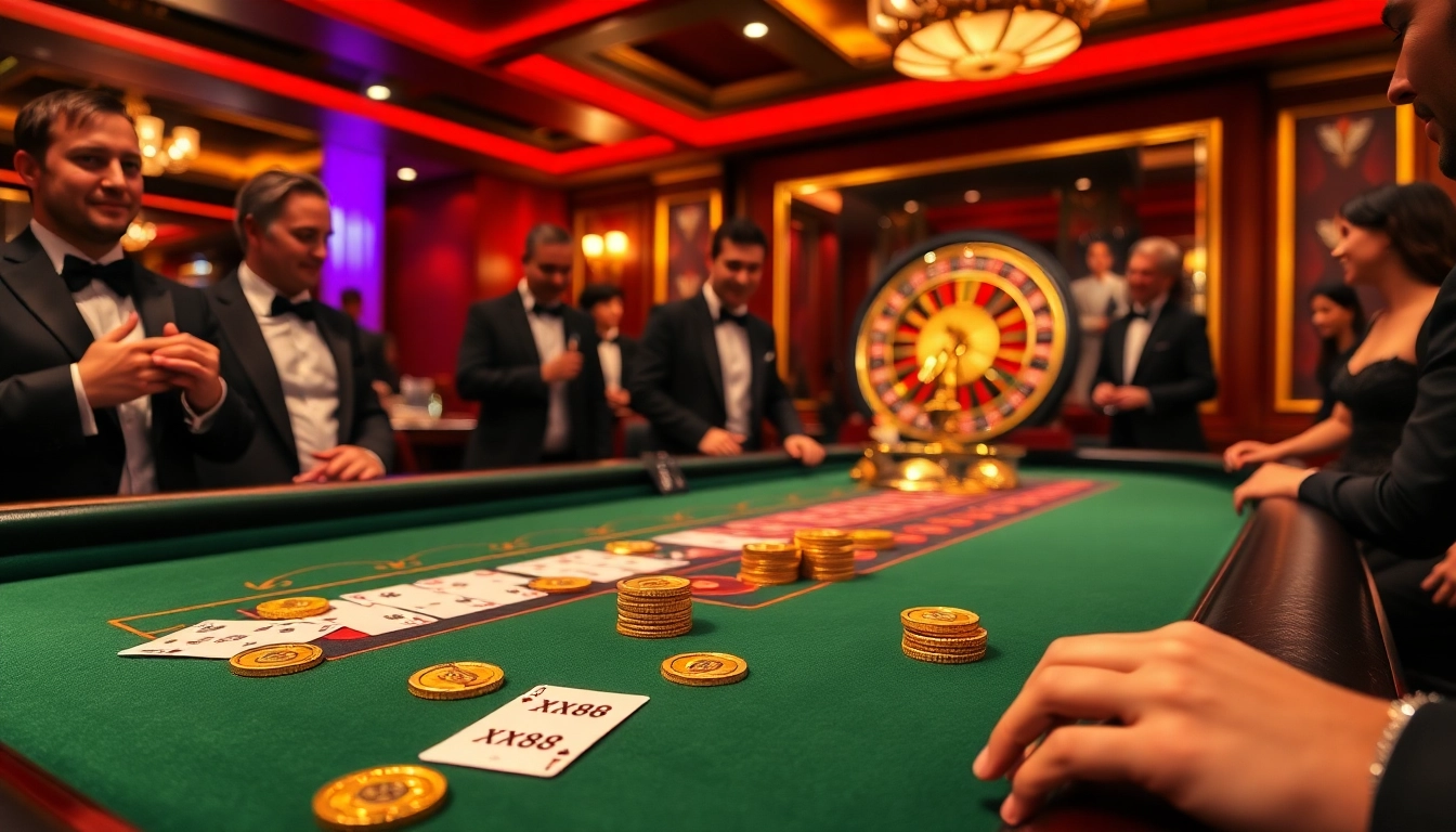 Exciting baccarat table at XX88 casino with golden chips and glamorous players.