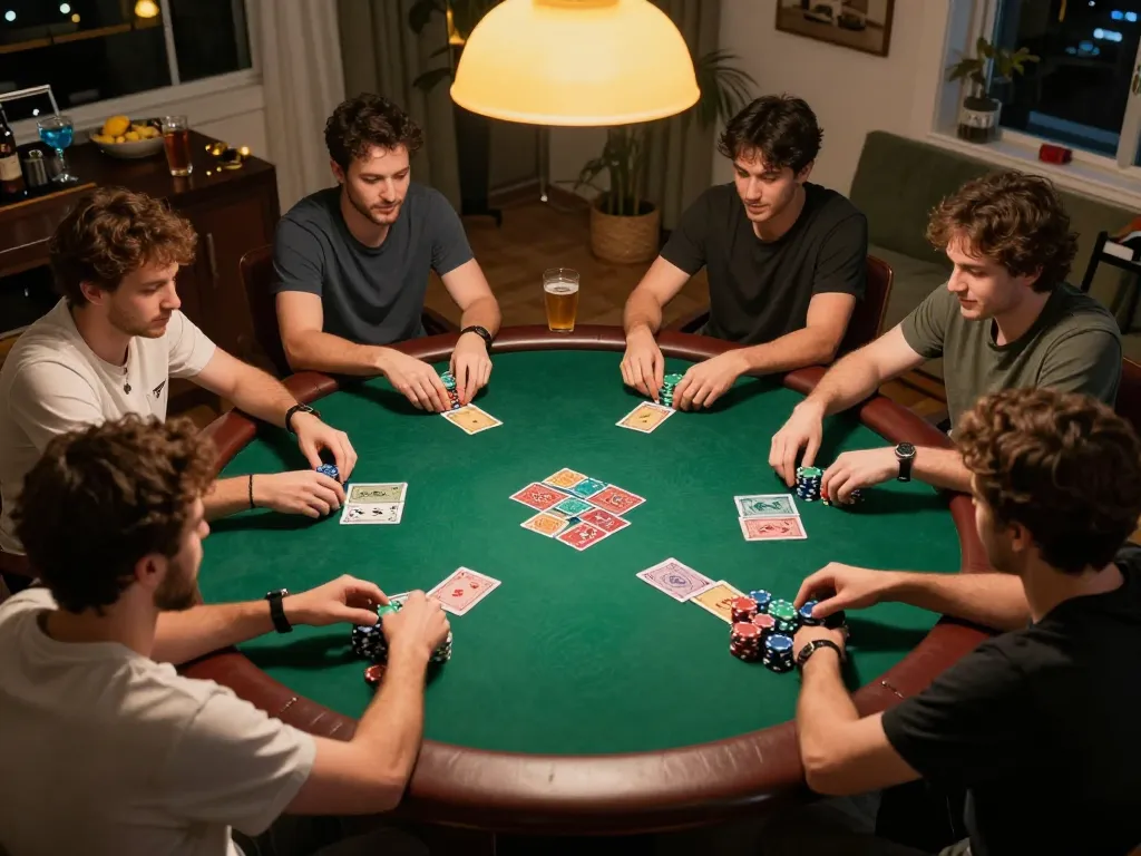 Players strategizing and betting at NK88 com during a friendly home poker night.