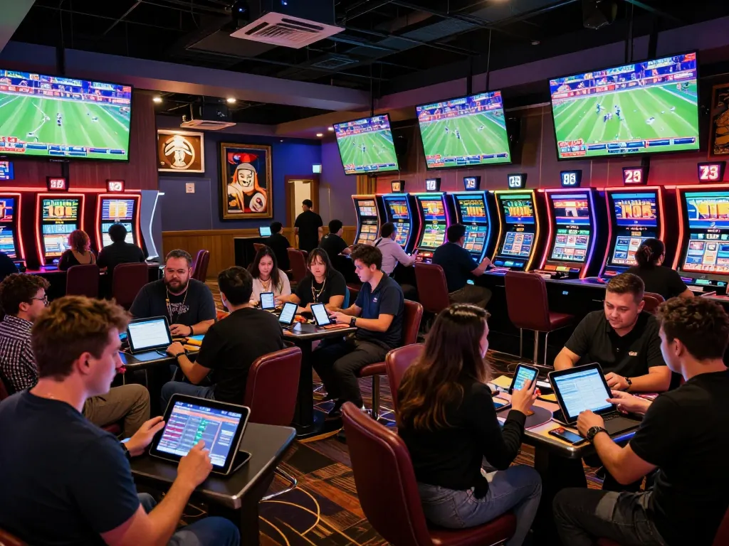Exciting sports betting scene showing bettors engaging with keo nha cai 5 strategies in a vibrant casino lounge.