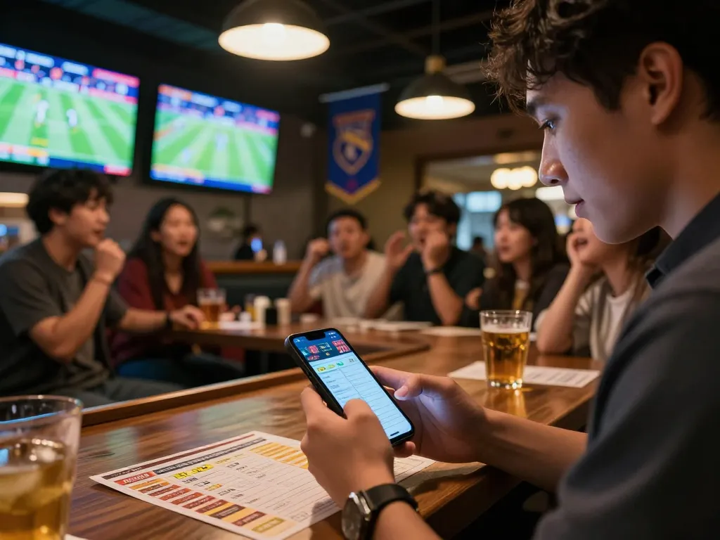 Experience the excitement of sports betting at sky88, checking odds on a smartphone amid lively patrons.
