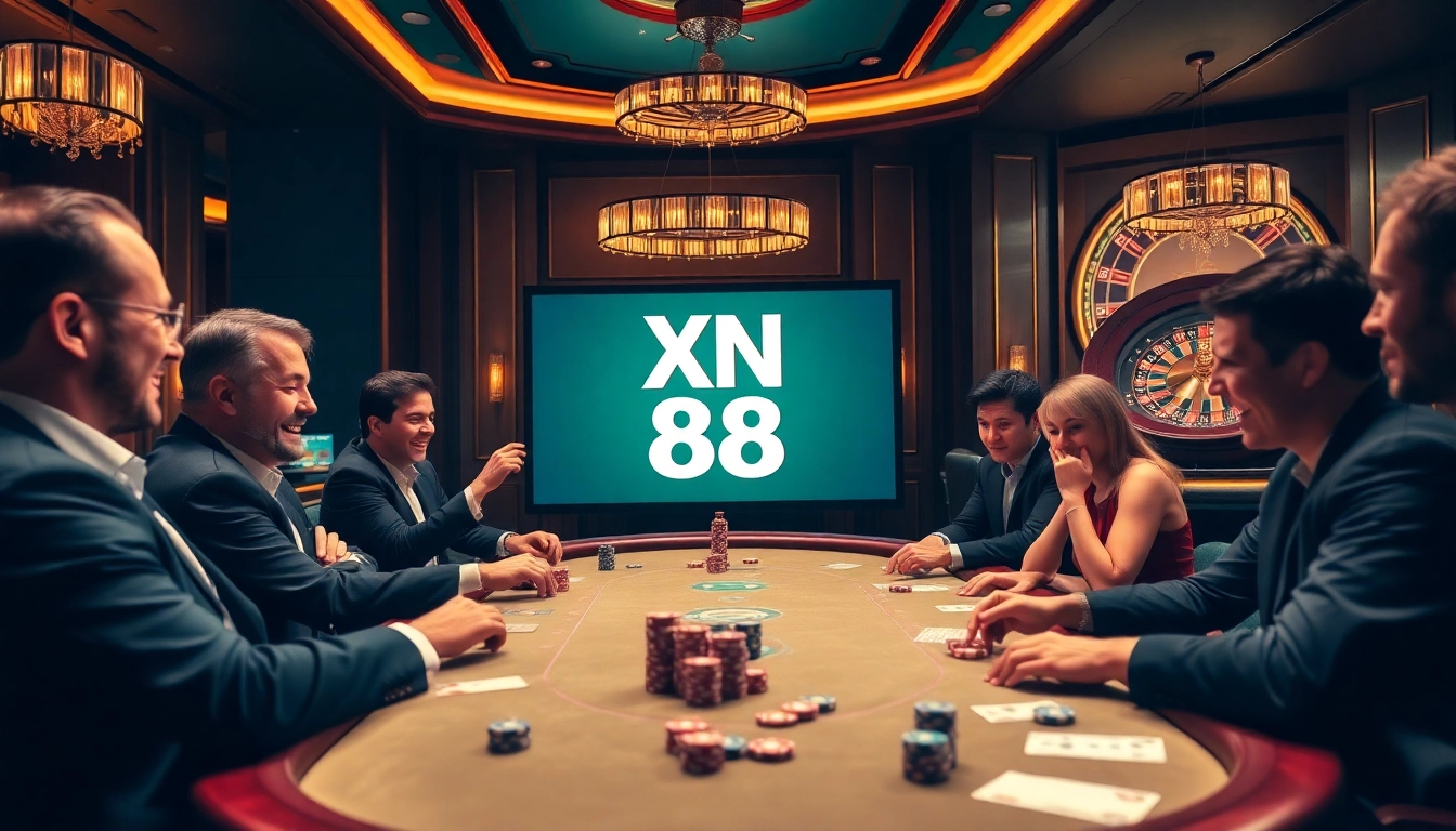 Players celebrating a win at XN 88 casino table game with poker chips scattered around.