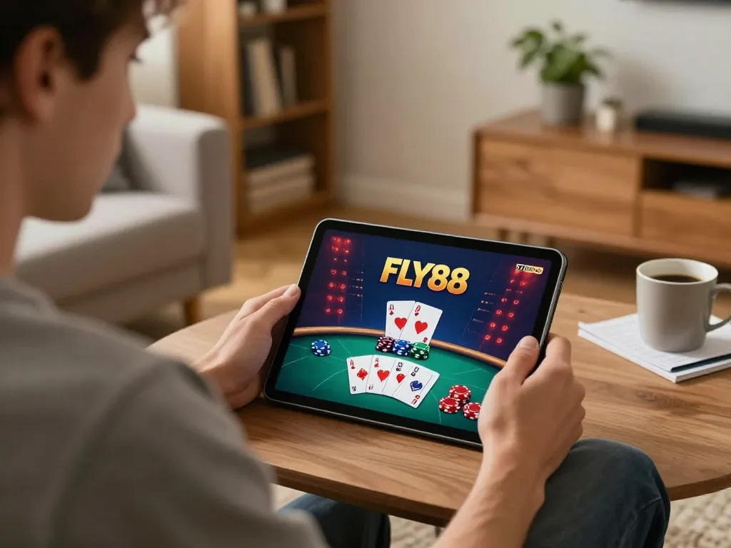 Engaging gameplay on FLY88 with player interacting with tablet in cozy home setting