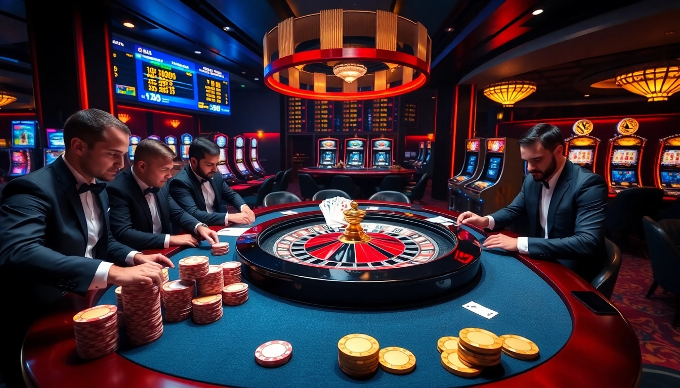 Experience the thrill of gambling at km1888b with a vibrant casino scene featuring roulette and poker.