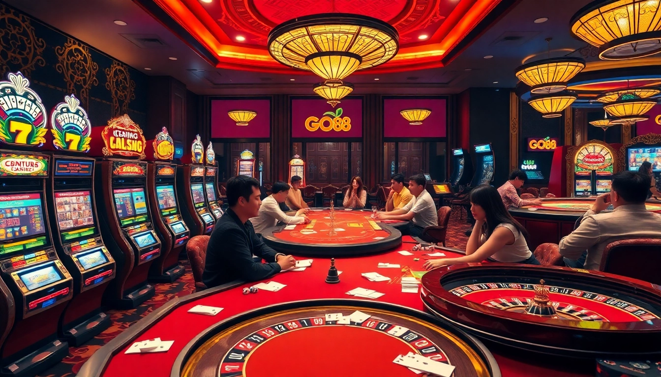 Engaged players at a luxurious GO88 casino featuring vibrant slot machines and poker tables