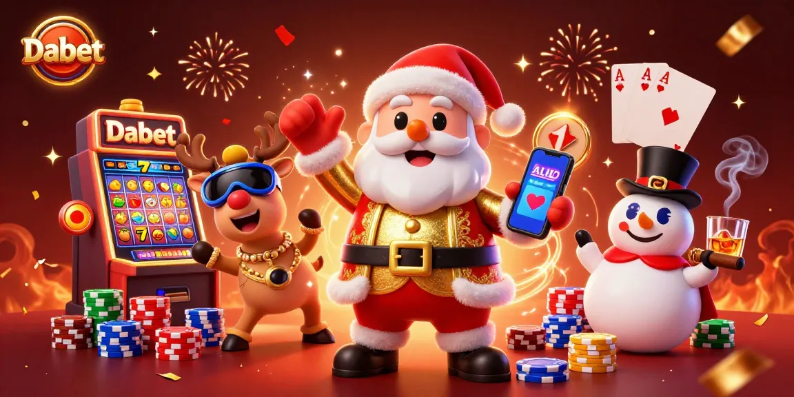 Dabet showcases a joyful Santa in casino attire holding a jackpot smartphone amidst vibrant slot elements.