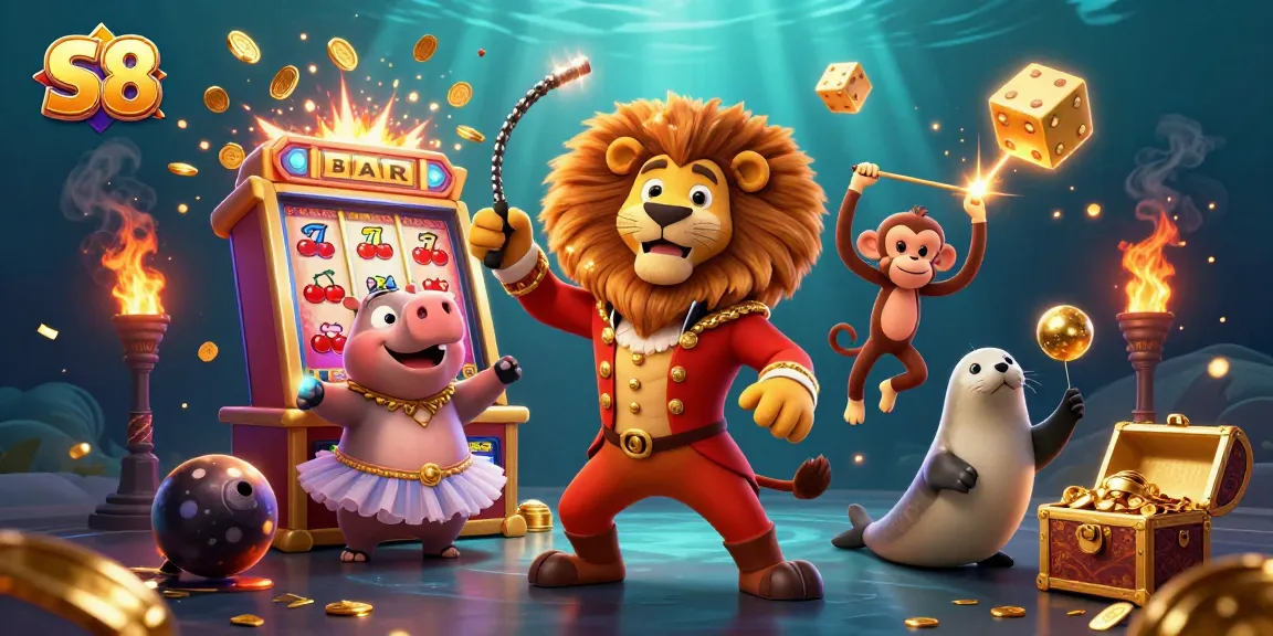 S8 showcases dynamic gambling characters exploding with casino fun amid slot machine excitement.