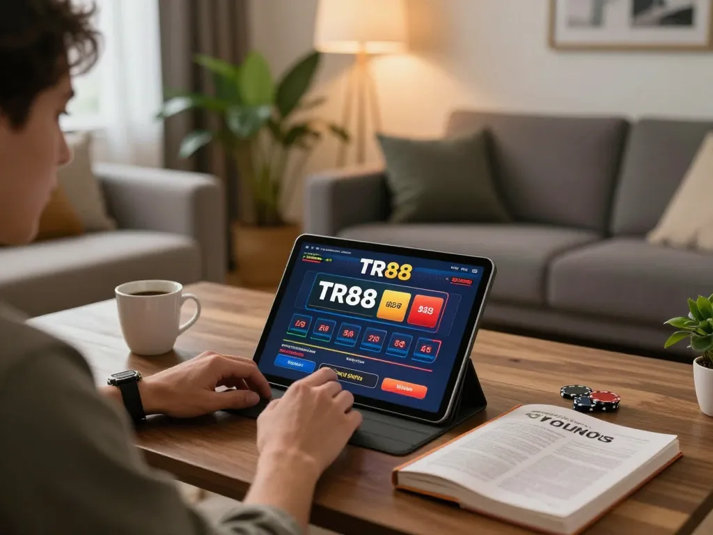 Player enjoying online gaming with TR88SEO's app on a tablet in a cozy setting.