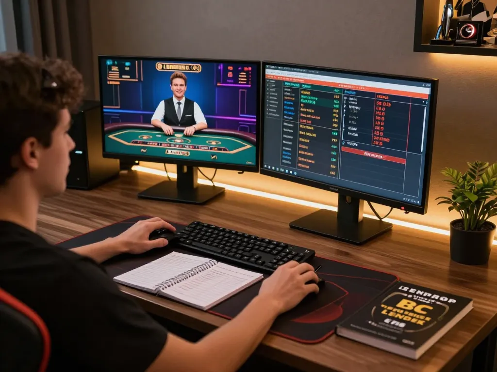 Engaged player at a professional online gaming setup, utilizing 789win 1 for strategic betting.