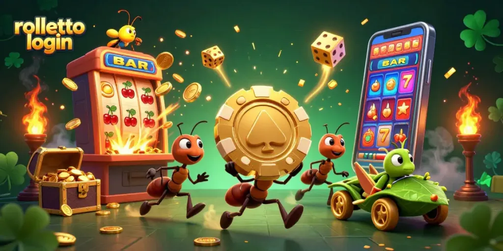 Engage with rolletto login as ants carry a giant poker chip amidst jackpots and colorful casino elements.