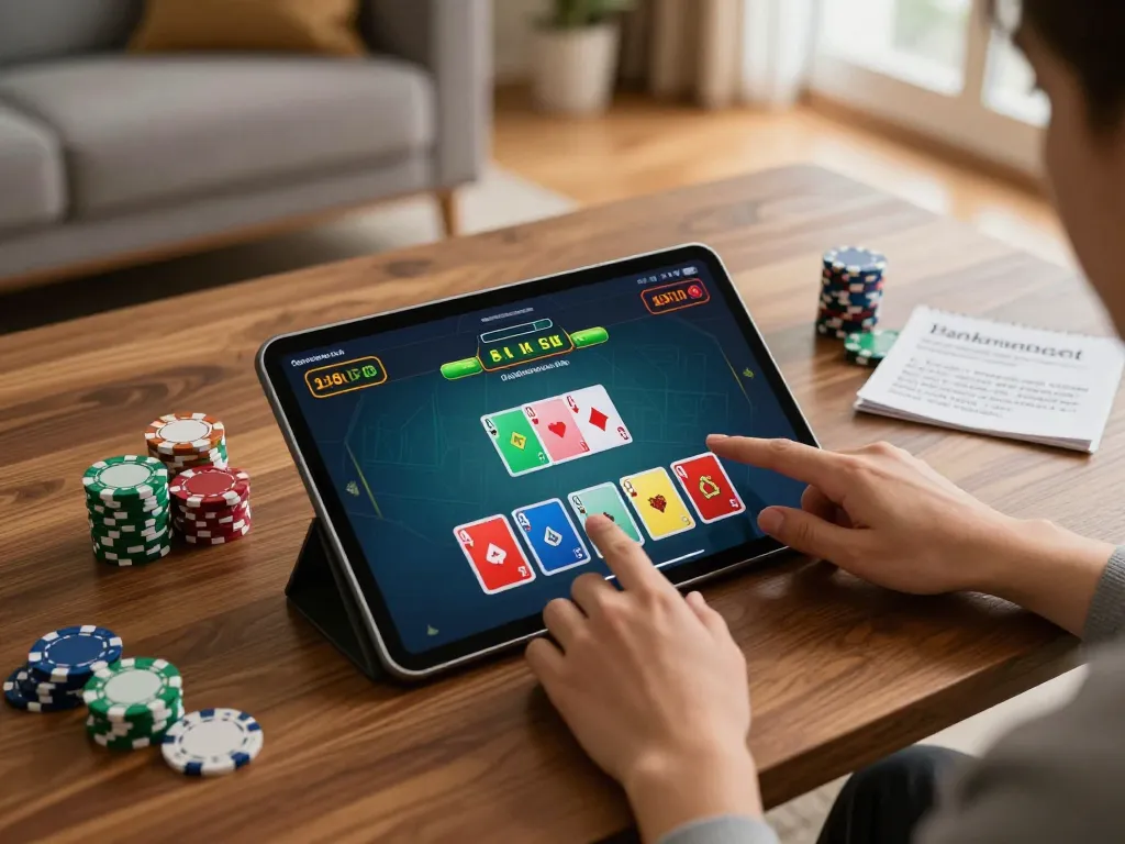 Engaged player strategizing bankroll management on https://www.mnm88.com/ poker app in a cozy setting.