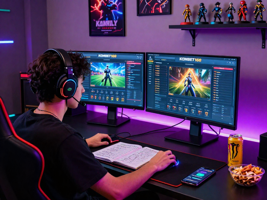 An engaging online gaming setup with KOMBET168 interface and vibrant accessories