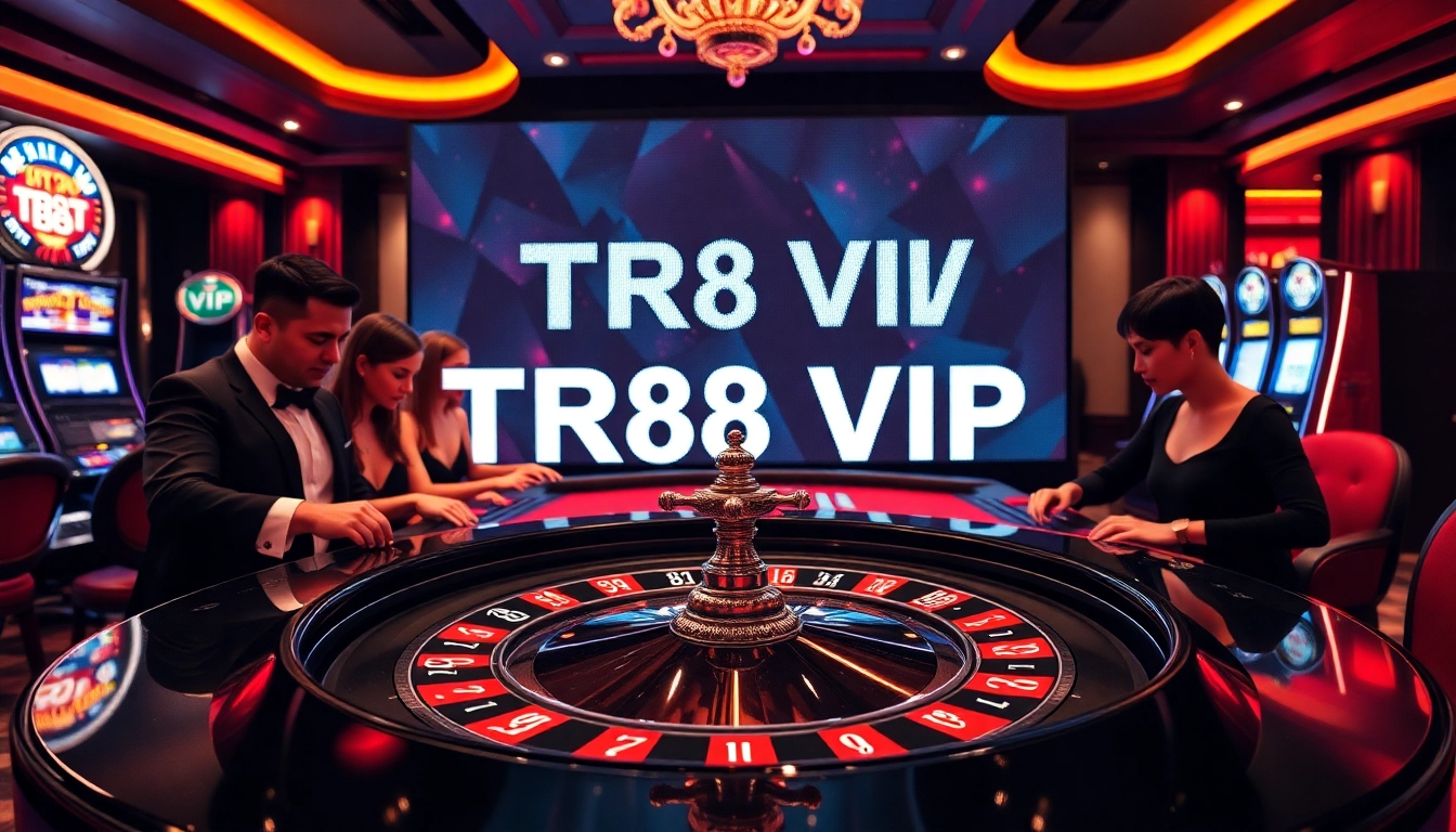 Engage with the elite TR88 VIP gambling scene at a luxury casino, featuring roulette and slot machines.