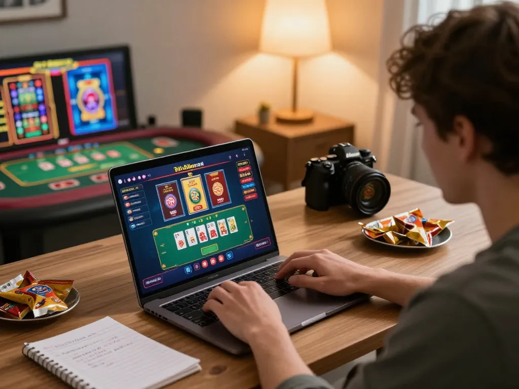 Person engaging with Luck8com online casino app while seated at home, showcasing responsible gaming.