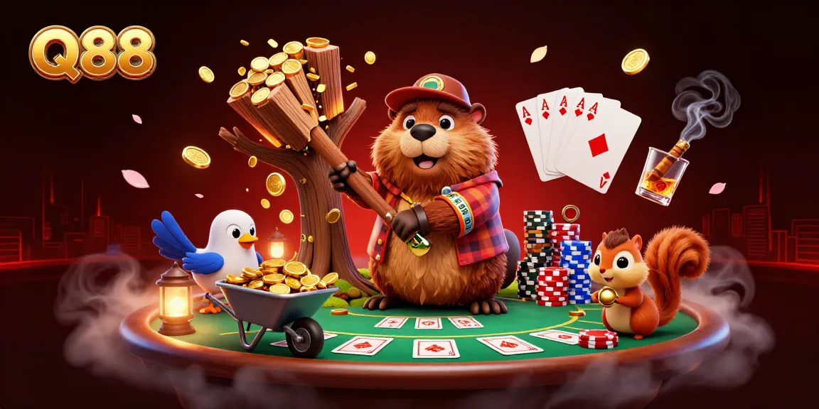 Enjoy thrilling Q88 gaming with a beaver and friends in a vibrant casino scene.