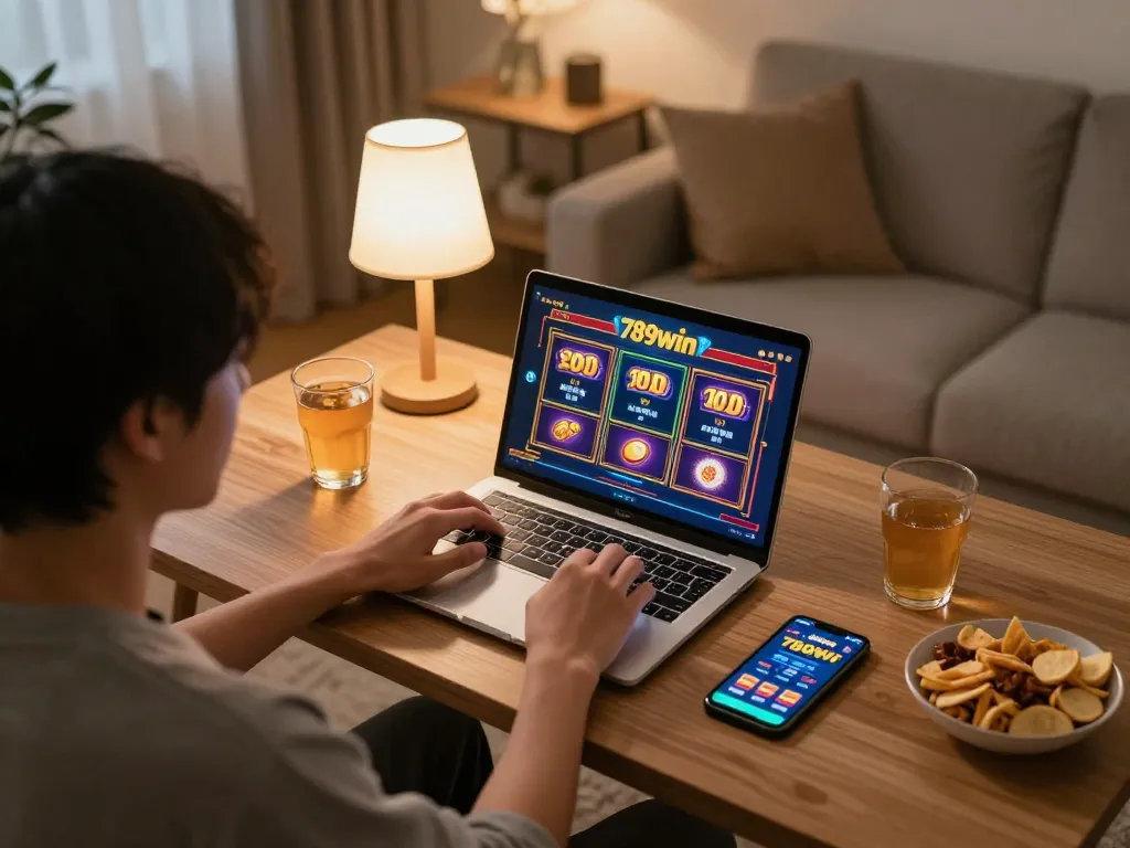 Engaging in online 789win slots with cozy gaming setup in a home environment.