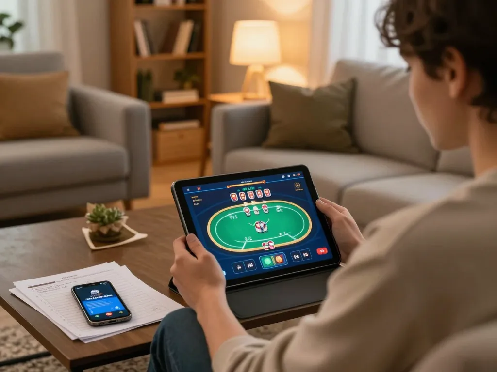 Engaging in online gambling on DN88 app during cozy home gaming session.