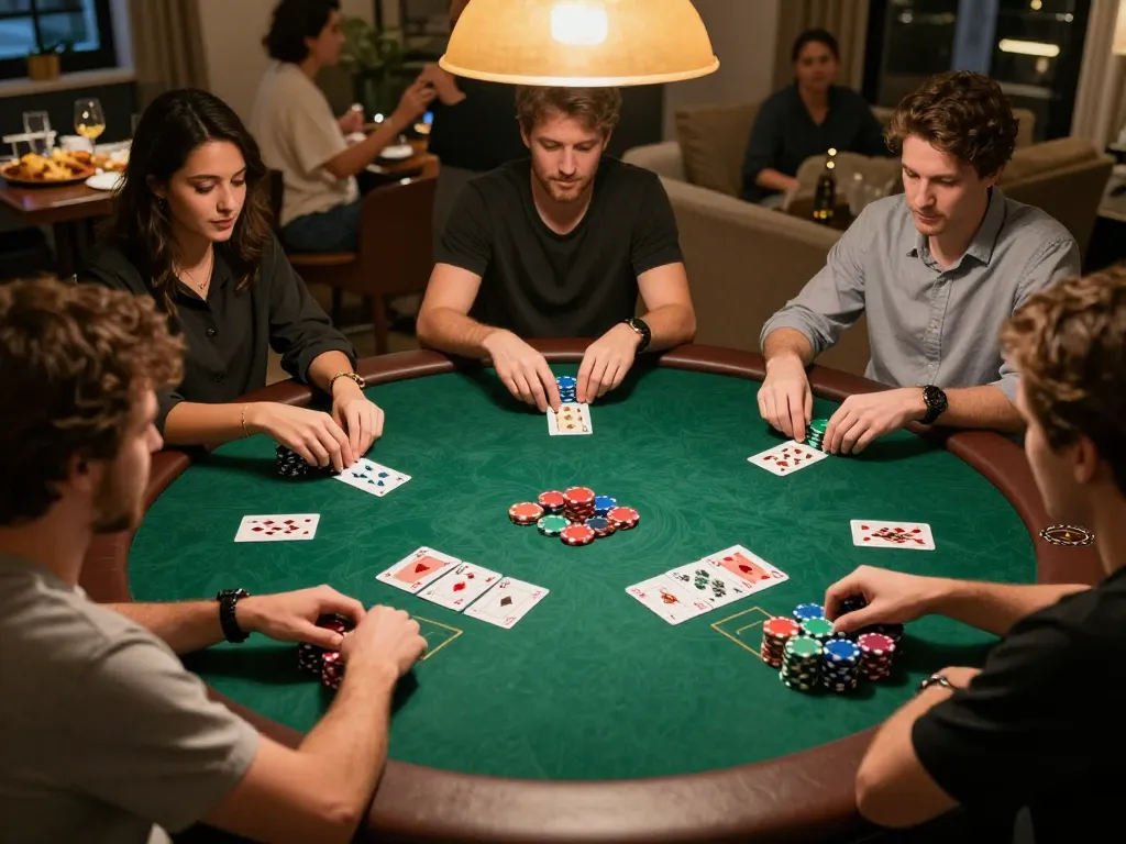 Engaging card play scene showing dynamic poker action at home while exploring link vào mu88 for a strategic gaming experience.