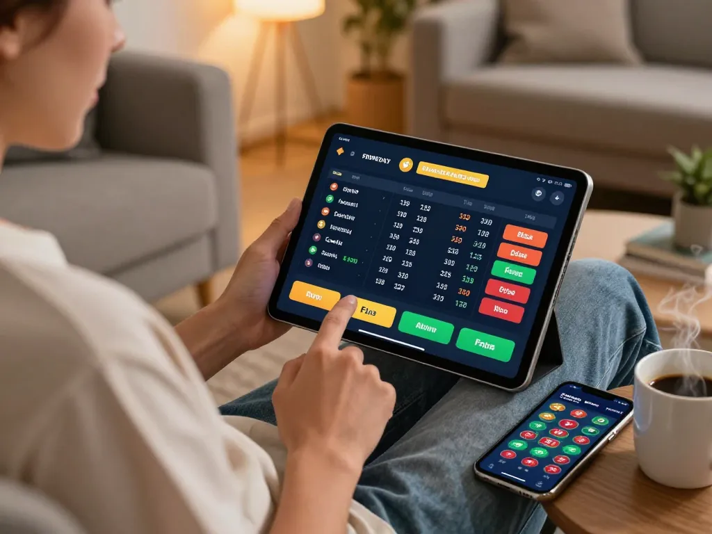 Betting on sports using HO88 app on tablet in comfy living room, showcasing responsible gaming.