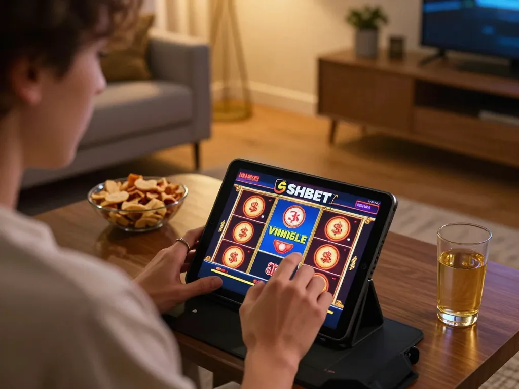 Player enjoying slot games on a tablet with SHBET interface in a cozy home setup.