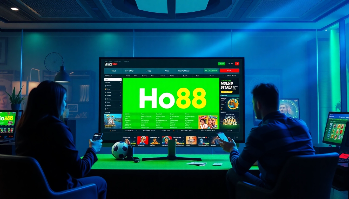 Ho88 online betting platform with user-friendly interface showcasing various sports and game options, set in an inviting tech-savvy environment.