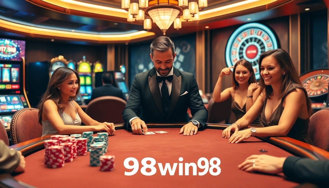 Players enjoying an intense game of poker at 98win98 casino, showcasing vibrant chips and mood lighting.