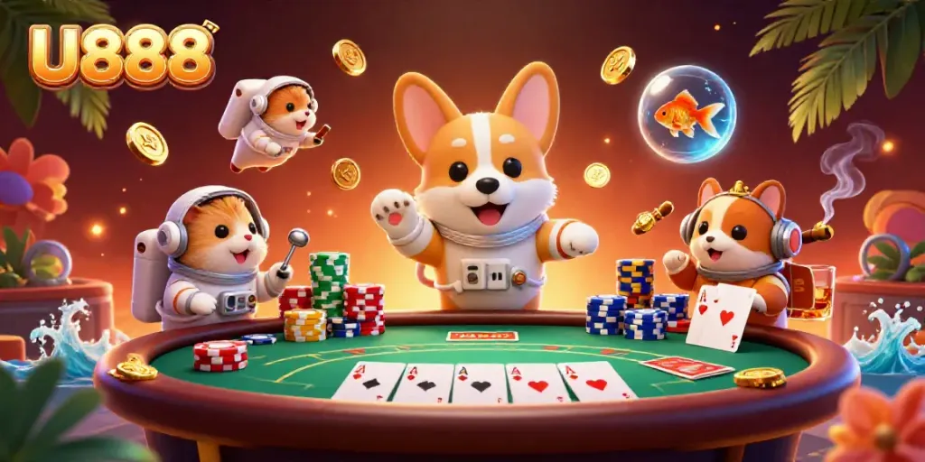 U888's astronaut corgi navigates a zero-gravity casino filled with poker elements and dynamic visuals.