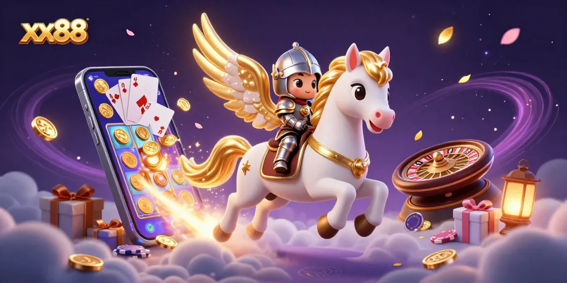 Engage with exciting games at xx88, featuring a celestial horse, slots, and colorful betting elements in a vibrant casino atmosphere.