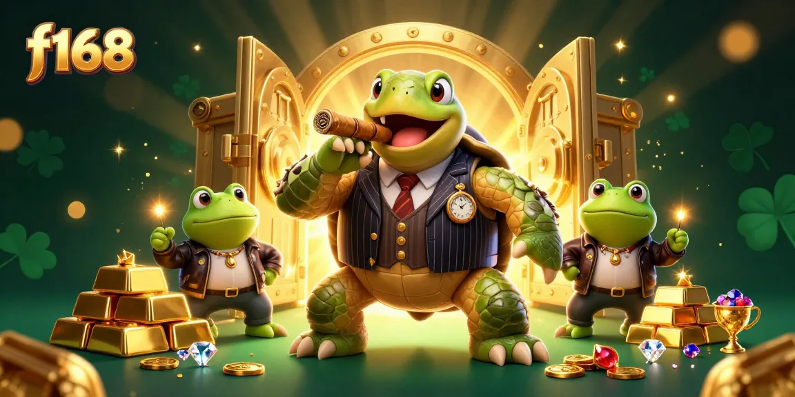 Engage in thrilling gameplay at f168 with a dynamic scene featuring a whimsical turtle and bullfrog enforcers amidst casino treasures.