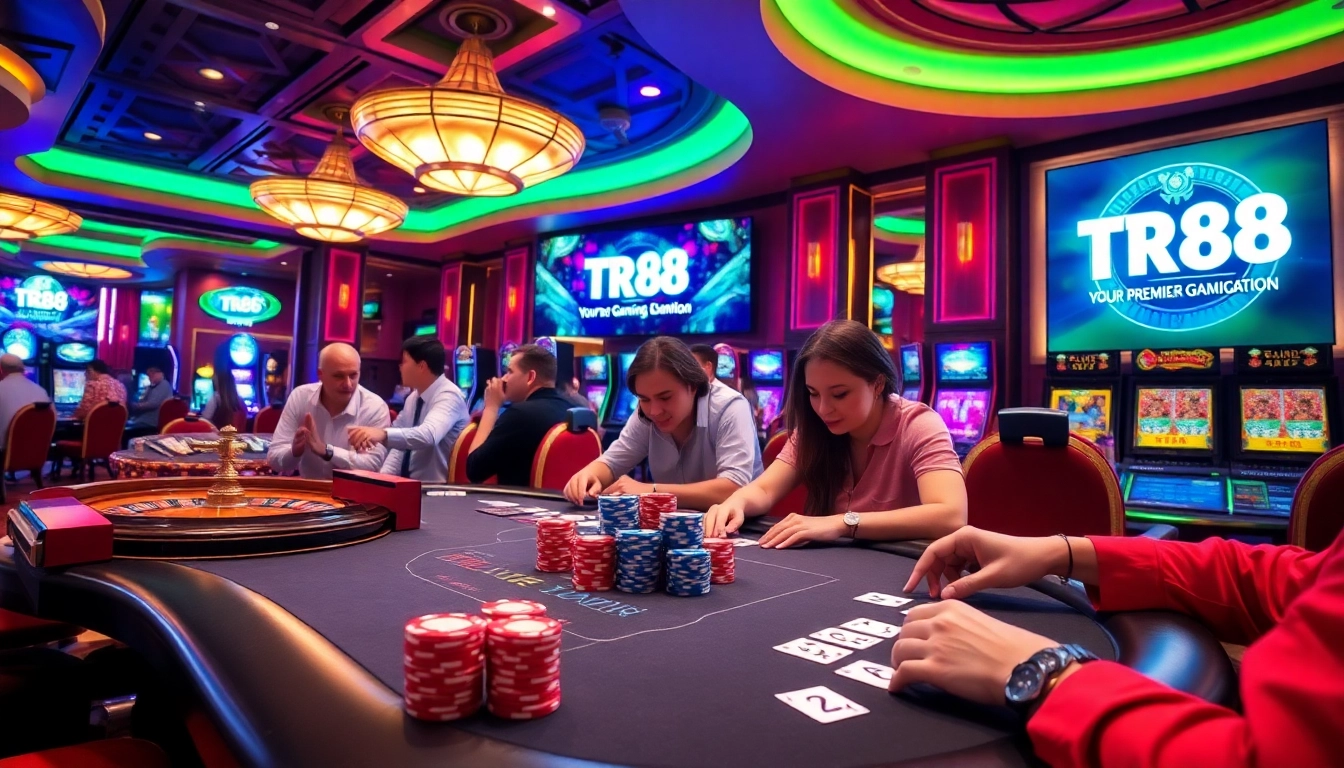 TR88 gaming scene with vibrant casino tables, excited players, and luxurious decor.
