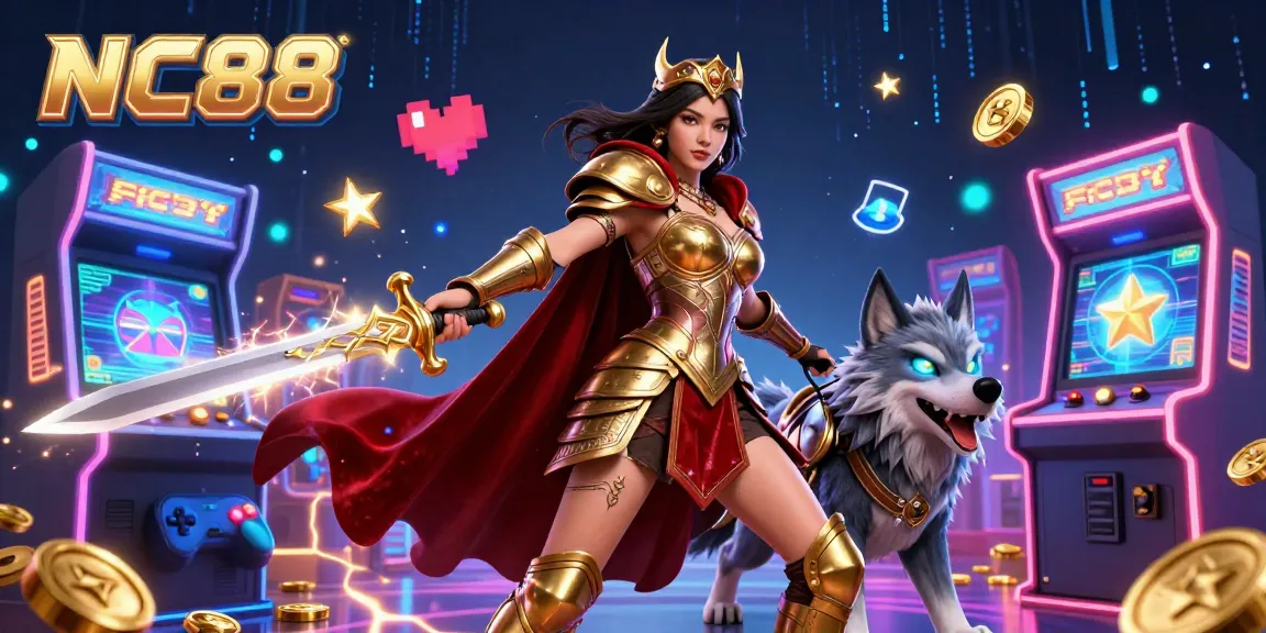Experience NC88's thrilling action with a warrior queen and her glowing wolf in a dynamic casino scene filled with vibrant gaming elements.