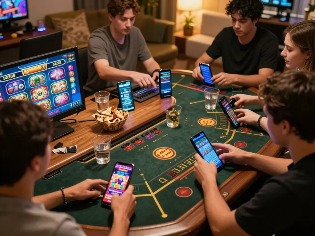 Engaging online gambling scene with players using Sv368 app on mobile devices.