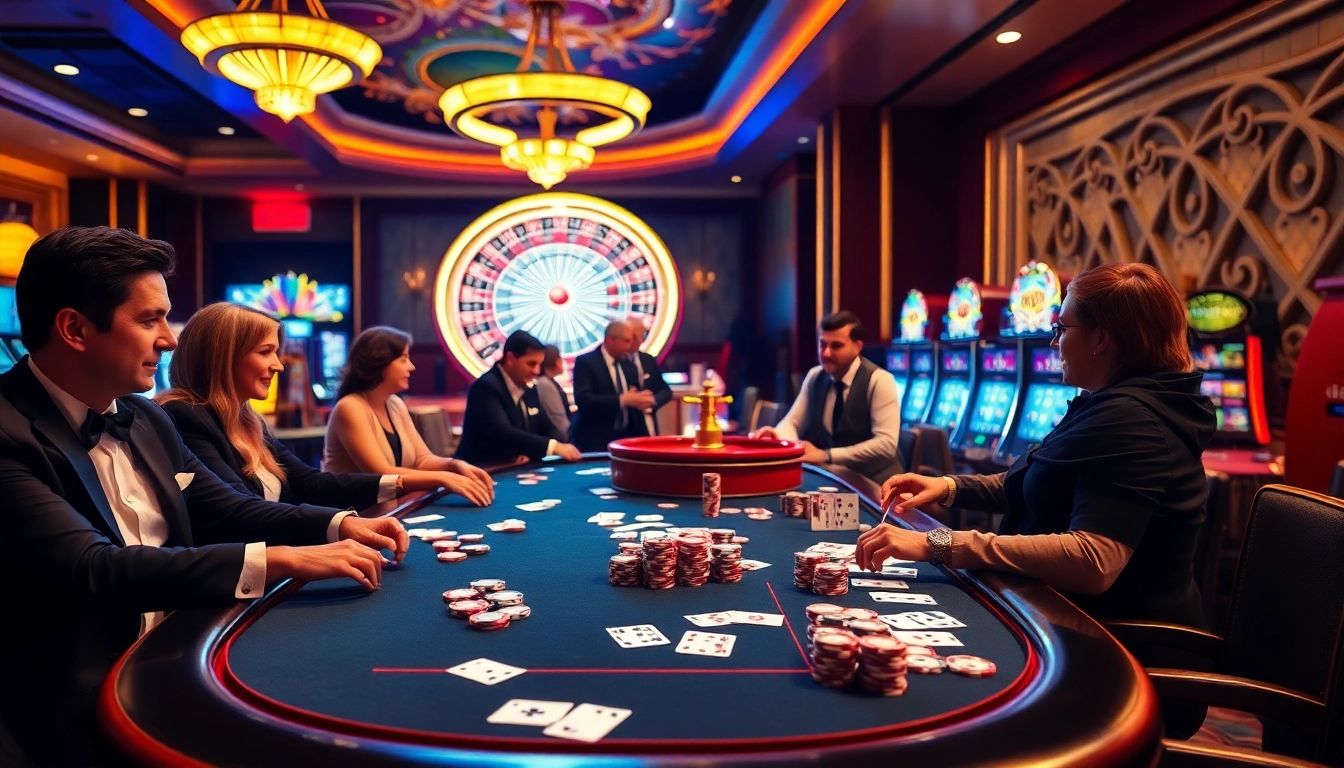 Exciting top nhà cái gaming scene with poker chips and vibrant roulette wheel at a luxurious casino.