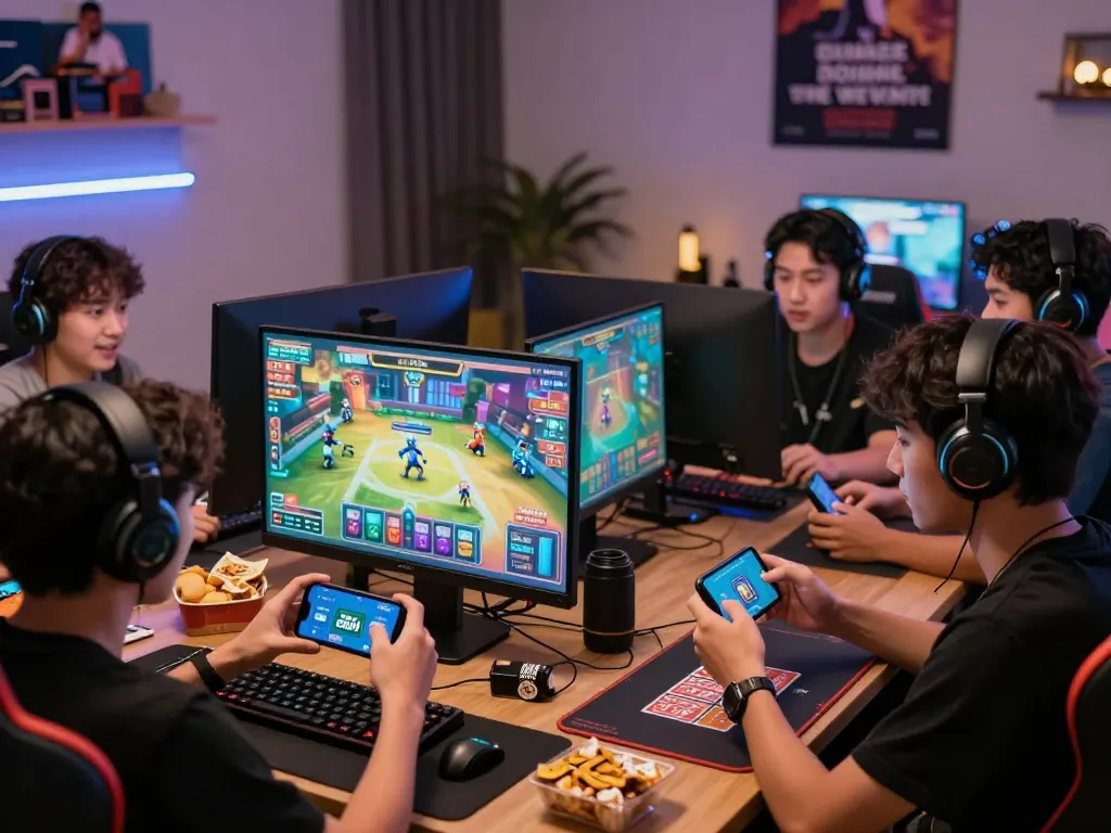 Exciting scene of players using various devices to tải sunwin for thrilling gaming experience.