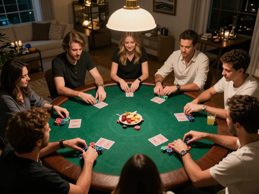 Engaging poker game night illustrating nk88 win strategy among friends, featuring vibrant gameplay and social interaction.