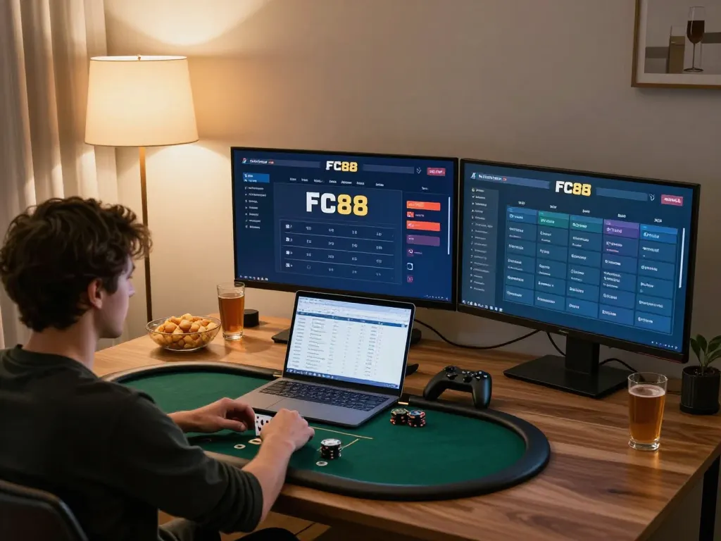 Engaging home poker night scene featuring FC88 online gaming setup with strategy guides.