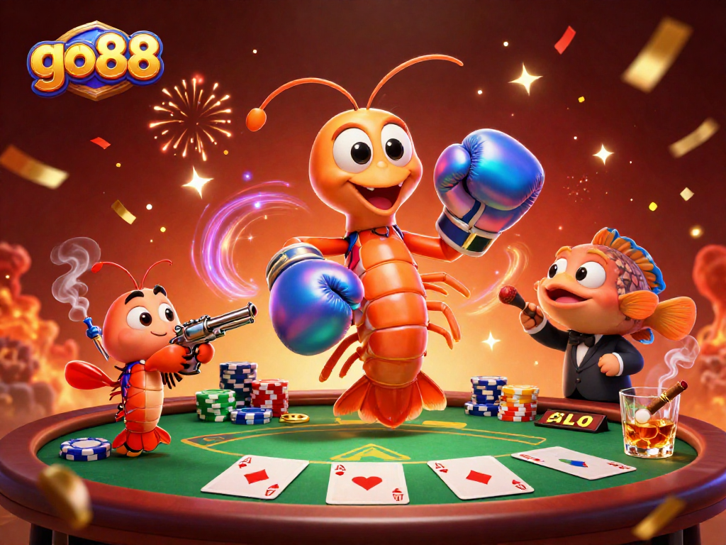 Engage with go88 and explore the excitement of poker with animated marine characters and vibrant casino elements.