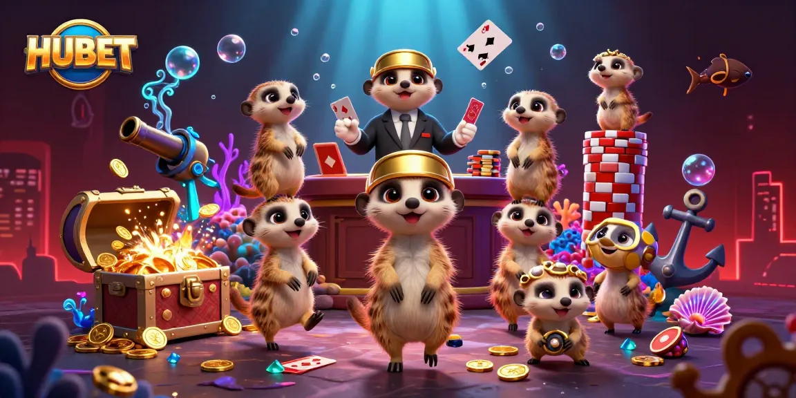 Experience the excitement of HUBET's vibrant casino with dynamic meerkats managing games and treasures.