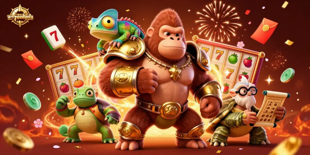 artmageddonla showcases vibrant slot gaming action with characters celebrating in a dynamic 3D scene.