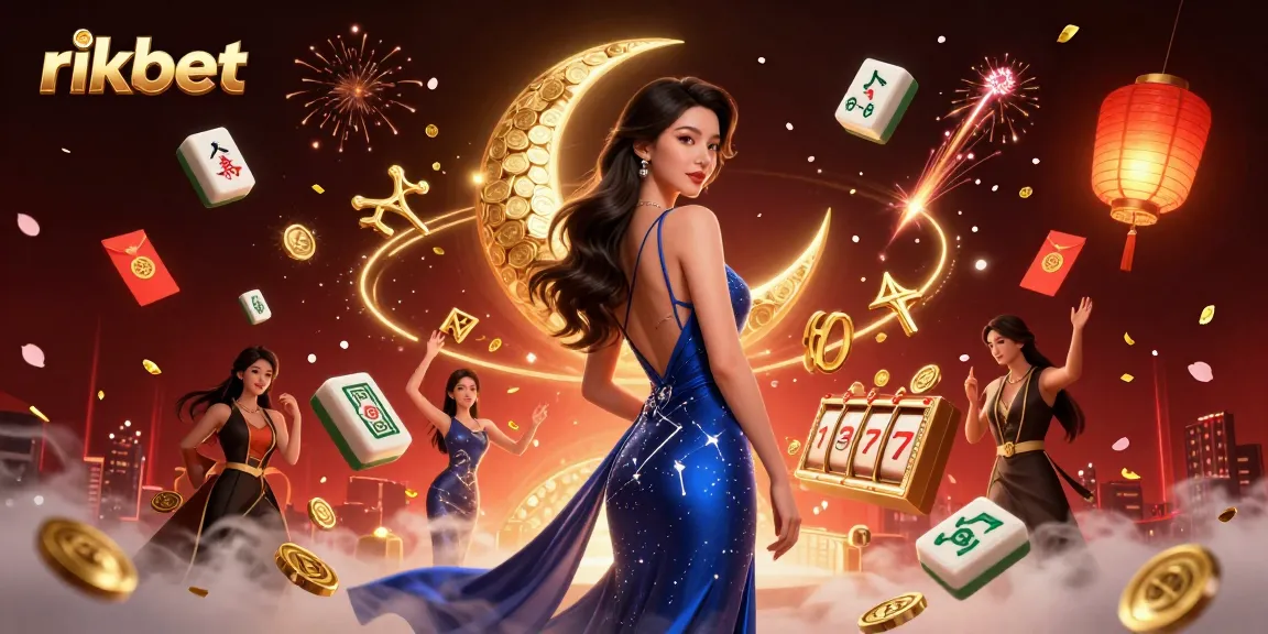 Experience rikbet's thrilling slot gaming adventure with an elegant Asian woman, surrounded by casino symbols.