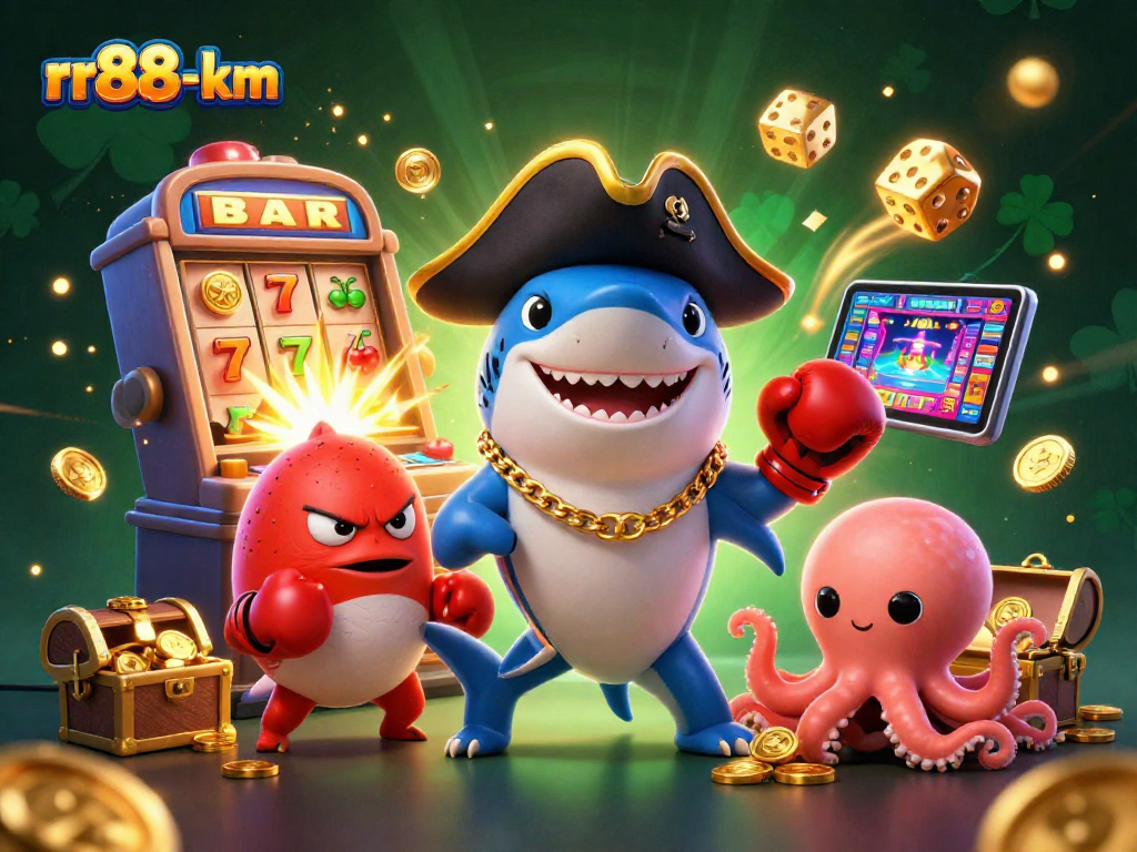 rr88-km pirate shark celebrates a jackpot with coins, slot machines, and vibrant casino elements