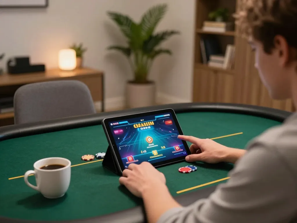 Engaging online poker action at alo8 with a tablet showing gameplay in a cozy home setting