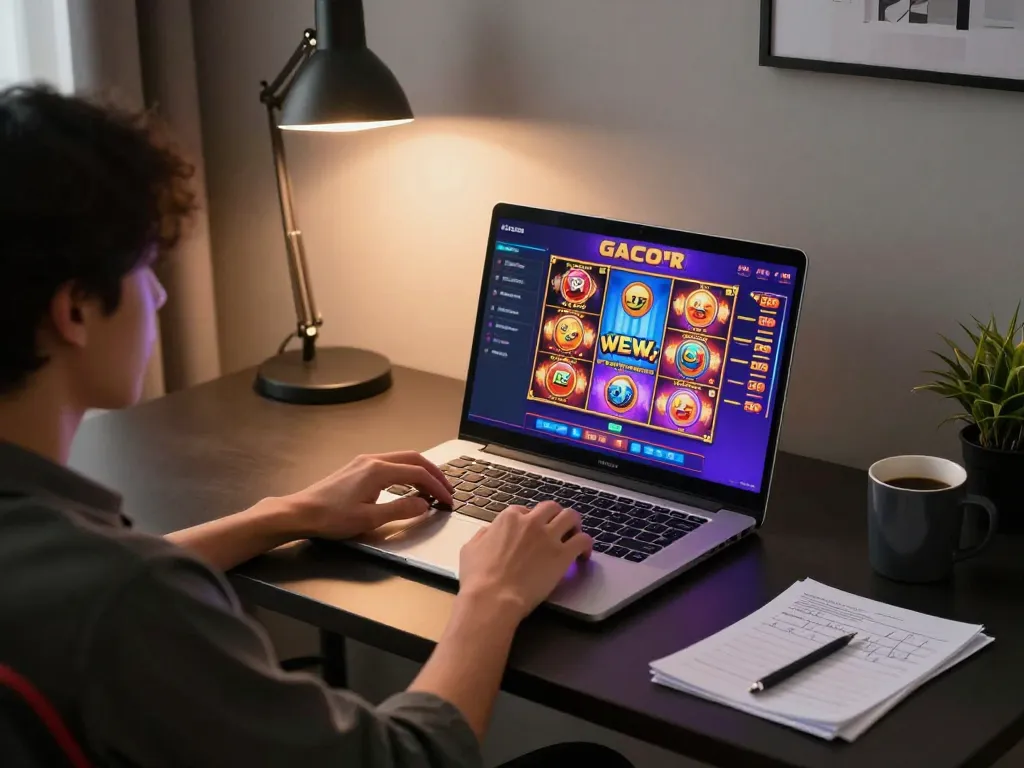 Menggunakan permainan slot gacor di laptop, menampilkan grafik yang mencolok di kantor rumah yang nyaman