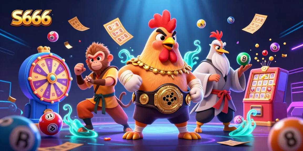 S666 rooster and monkey characters celebrate winning in this vibrant 3D casino scene.