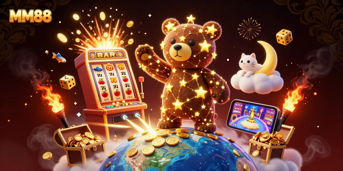 Win big with MM88 at this vibrant casino digital illustration featuring its unique characters.