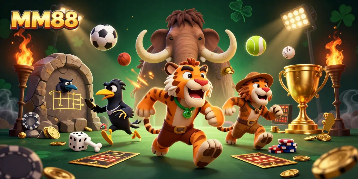 Experience the thrill of MM88 as cartoon characters gamble with prehistoric flair and flying sports elements.