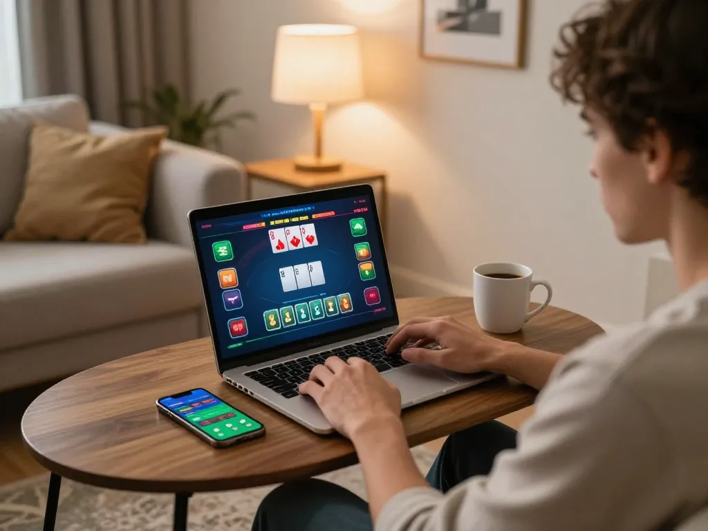 PUB88 online poker gameplay showcased on a cozy home laptop setup, highlighting strategic betting options.