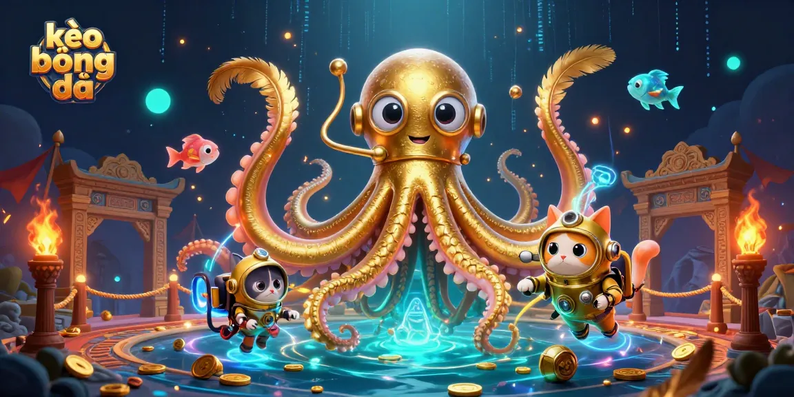 Engage with the thrilling world of kèo bóng đá amidst a vibrant scene featuring a kraken, diving cat, and deep-sea creatures.