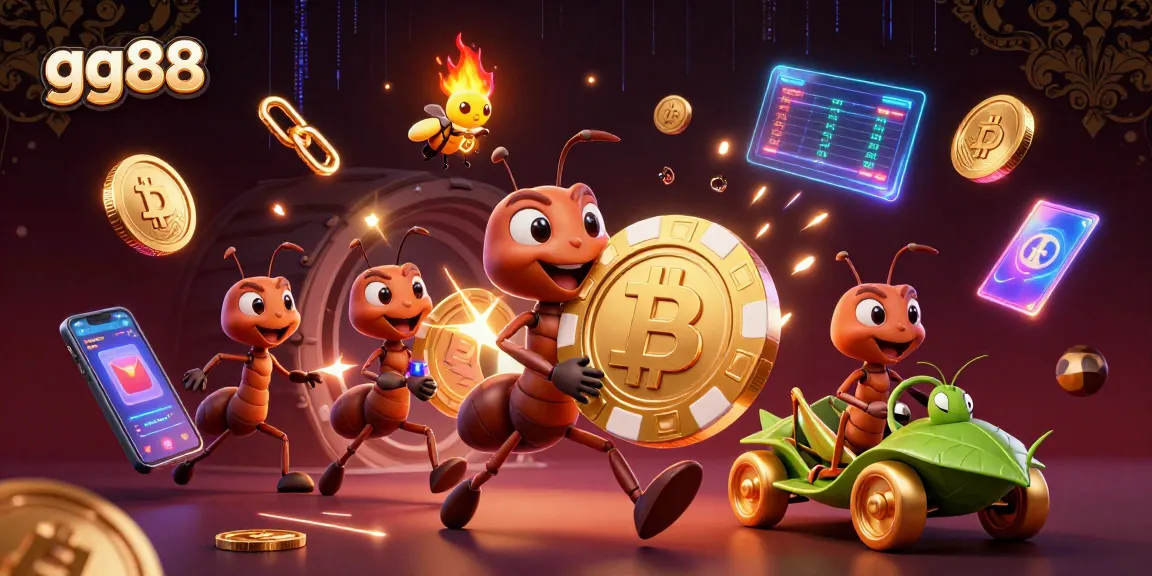 Spin the reels with gg88 as playful ants carry a giant poker chip through a vibrant tunnel of crypto gold.
