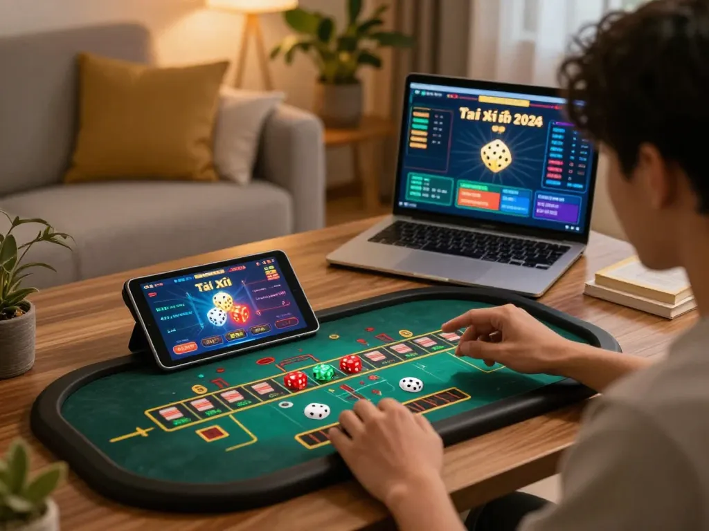 Tài Xỉu player enjoying a vibrant online gaming experience on a tablet in a cozy home setting.
